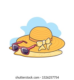 hat female wicker in the beach with sunglasses vector illustration design