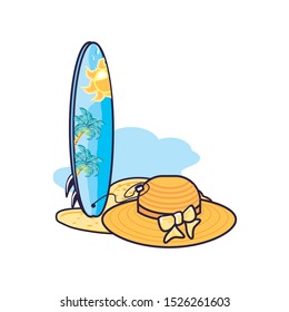 hat female wicker in the beach with surfboard vector illustration design