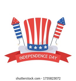 Diseño de sombreros y fuegos artificiales, Día de la Independencia feliz 4 de julio y tema de los ee.uu. Ilustración de vectores