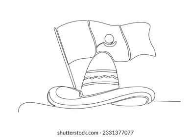 A hat and A flag of Mexico. Independencia de Mexico one-line drawing