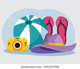 hat with flip-flop and ball with camera in the beach