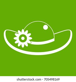 Hat with flower icon white isolated on green background. Vector illustration