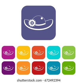 Hat with flower icons set vector illustration in flat style In colors red, blue, green and other