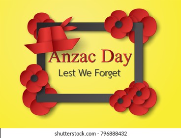 Hat and flower yellow background for Anzac Day on 25 April. Paper craft design in typography style.