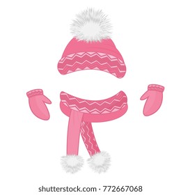 Hat with a fluffy pompon, scarf, mittens. Set of winter clothes.