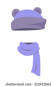 Hat. Funny violet hat with dark small ears and long silk soft scarf. Violet scarf twisted on the right. White background. Headgears for kids. Winter clothing. Flat design. Vector illustration