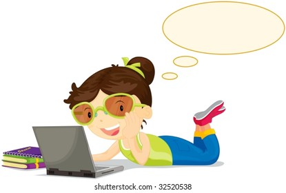 Hat girl at computer with books