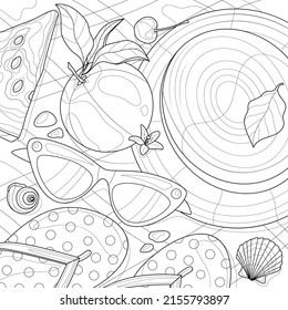 
Hat with glasses, flip flops and fruits.Things on the beach.Coloring book antistress for children and adults. Illustration isolated on white background.Zen-tangle style. Hand draw