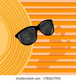Ein Hut, eine Brille und ein Fußabdruck im Sand. Vektorgrafik.