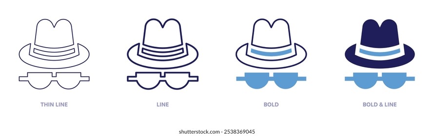 Hat and glasses icon in 4 different styles. Thin Line, Line, Bold, and Bold Line. Duotone style. Editable stroke.