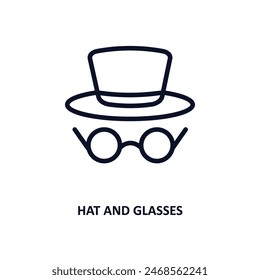 Icono de sombrero y gafas. Icono de sombrero de línea fina y gafas de colección de personas. Vector de contorno aislado sobre fondo blanco. El símbolo de sombrero y gafas editable se puede utilizar en Web y móvil