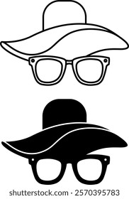 Hat and Glasses Icons. Black and White Vector Illustration. Women's Hat and Sunglasses. Accessories, Clothing Items. Fashion Concept