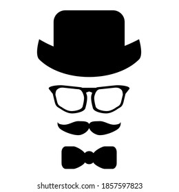 Hat, glasses, mustache and a black bow-tie.Vector illustration isolated on white background.