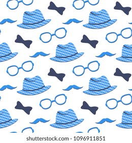 Hat, glasses, mustache, bow tie seamless pattern. Can be used as a holiday background for Father's Day.