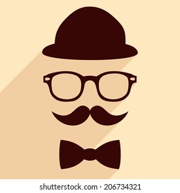 Hat glasses mustache bow tie flat hipster vintage design with long shadows vector illustration