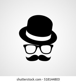 Hat, glasses and mustache. Hipster silhouette. Vector icon