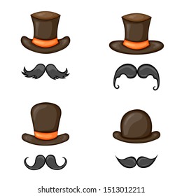 Hat, glasses and mustache for masquerade, black top hat on a white background. Birthday collection.