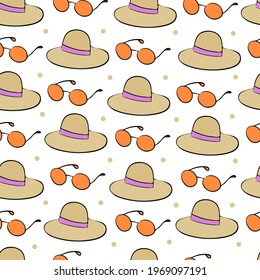 Hat and glasses on a white background, seamless pattern.