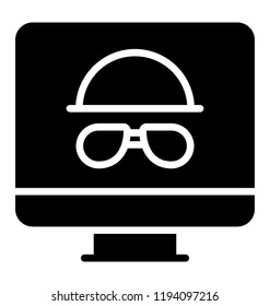 A hat and glasses person  on a computer giving the concept of hacker 