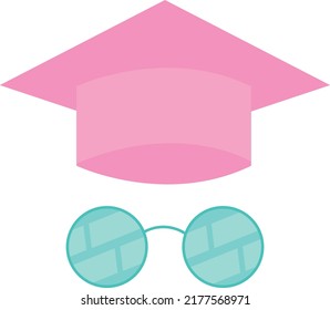 hat and glasses set. Hat of student and glasses. decorative design elements in pink and blue isolated on white background. Flat vector illustration.