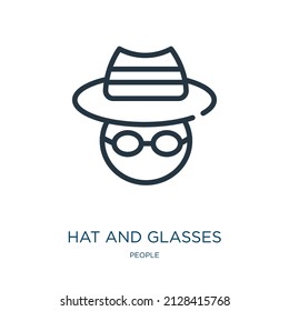 hat and glasses thin line icon. hat, glasses linear icons from people concept isolated outline sign. Vector illustration symbol element for web design and apps.