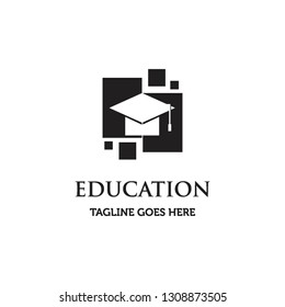 hat graduation and black digital square shape logo icon vector template