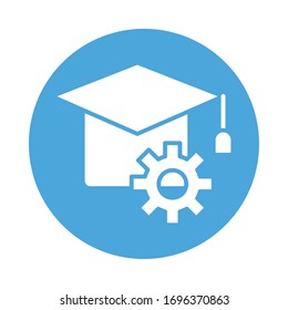Graduación de sombrero con diseño de ilustración vectorial de icono de estilo de bloque de engranajes