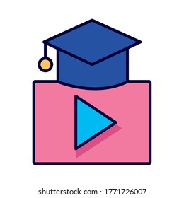hat graduation with play button line and fill style icon vector illustration design