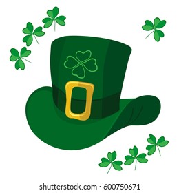 A hat is green. St Patrick's day. Holiday flat icon with shamrock or clover leaves.
