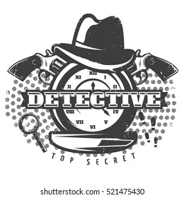 Hat guns pocket watch spots and lens in a monochrome printable illustration with text overlay flat vector illustration