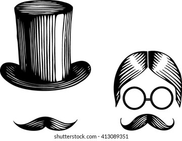 Hat hair glasses and mustache