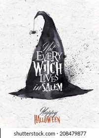 Hat halloween poster lettering not every witch lives in salem stylized drawing in  retro style.