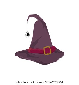 Hat with hanging black spider, magician hat halloween, helloween magic hat for carnaval, vector illustration