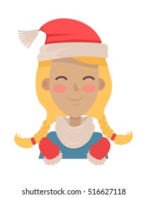 Hat. Happy young girl wearing santa claus red hat. Smiling girl with flush on face and two braids. Red and white hat. Red mittens. Blue blouse. White background. Flat design. Vector illustration