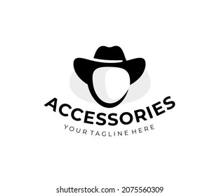 Hat with head silhouette, accessories, clothing, headwear, logo design. Fashion, boutique, cowboy with hat, vector design and illustration