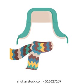 Hat. Headwear with long ear flaps and bright, colourful scarf. Green and white hat. Scarf with yellow, red, brown, green, violet waves on white background. Flat design. Vector illustration