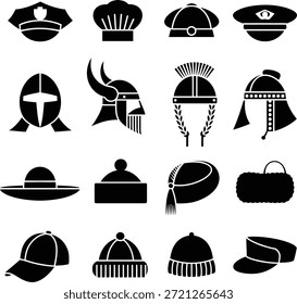 Chapéu e conjunto de ícone capacete. Contendo bonés de polícia, chapéus de chef, capacetes viking, abelhas de inverno e chapéus históricos.