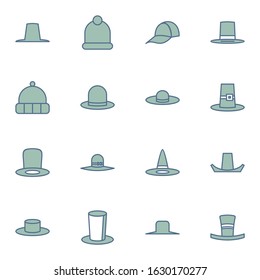 hat, homburg and panama hat icon set. simple cap, bowler and trilby colored outline icon sign concept. flat sign vector illustration. 