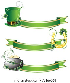 Hat, horseshoe and pot on ribbon background. Attributes of St. Patrick's Day