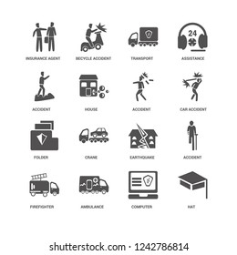 Hat, House, Insurance agent, becycle accident, Accident, Earthquake, Crane, Computer icon 16 set EPS 10 vector format. Icons optimized for both large and small resolutions.
