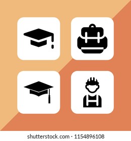 hat icon. 4 hat set with mortarboard, helmet, graduation cap and backpack vector icons for web and mobile app
