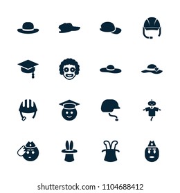 Hat icon. collection of 16 hat filled icons such as helmet, graduate emoji, soldier emot, clown, arrows up, baseball cap. editable hat icons for web and mobile.