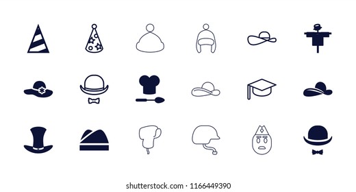 Hat icon. collection of 18 hat filled and outline icons such as scarecrow, baby cap, soldier emot. editable hat icons for web and mobile.