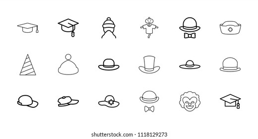 Hat icon. collection of 18 hat outline icons such as baby cap, graduation cap, baseball cap, arrows up, scarecrow. editable hat icons for web and mobile.