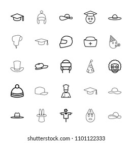 Hat icon. collection of 25 hat outline icons such as scarecrow, graduate emoji, clown, baseball cap, chef, helmet, baby cap. editable hat icons for web and mobile.