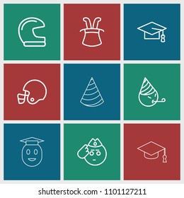 Hat icon. collection of 9 hat outline icons such as graduation cap, soldier emot, party emot, helmet, american football helmet. editable hat icons for web and mobile.