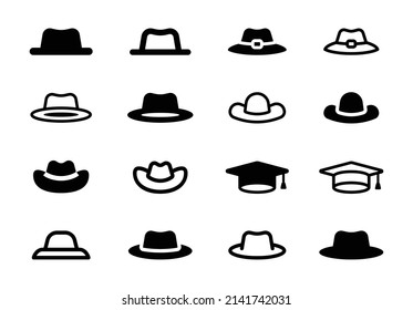 Hat icon collection. Cowboy hat icon. Graduation cap symbol. Fashion concept in black and white design.
