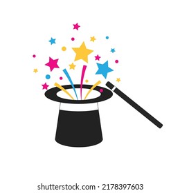 hat icon with magic wand and colorful sparks isolated on white background