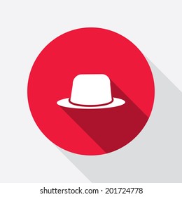 Hat icon. Old retro man headdress silhouette symbol. Round red circle flat icon with long shadow. Vector