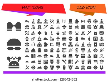  hat icon set. 120 filled hat icons. Simple modern icons about  - Mitten, Helmet, Goggles, Pirate, Party hat, Farmer, Detective, Confetti, Worker, Hat, Police line, Cap, Scarecrow